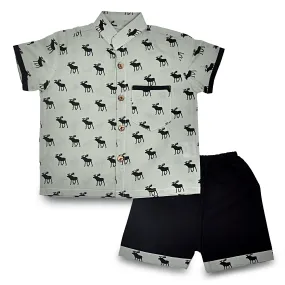 Cotton Baby Boy Shirt & Pants Set | Reindeer Print | Grey