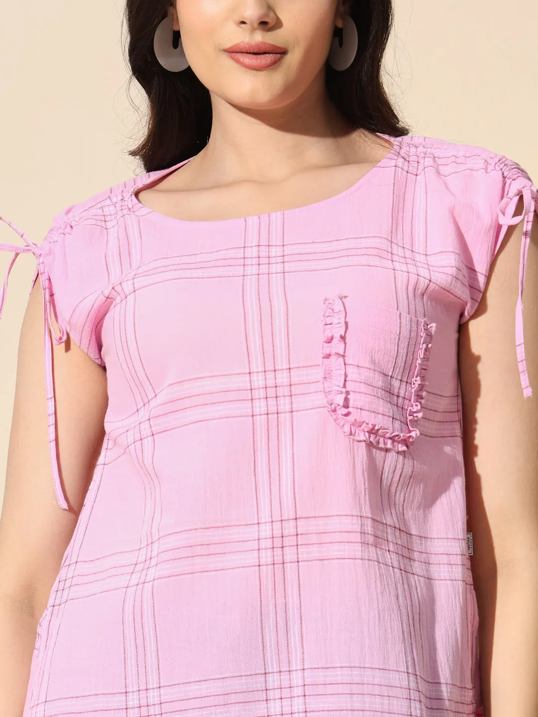Cotton Crepe Yarn Dyed Check Top-#TP016-PInk