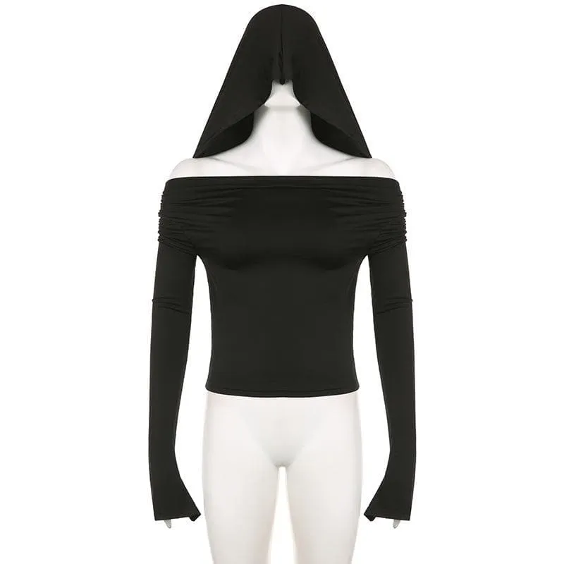 Cowl neck solid long flared sleeve hoodie 2-way top