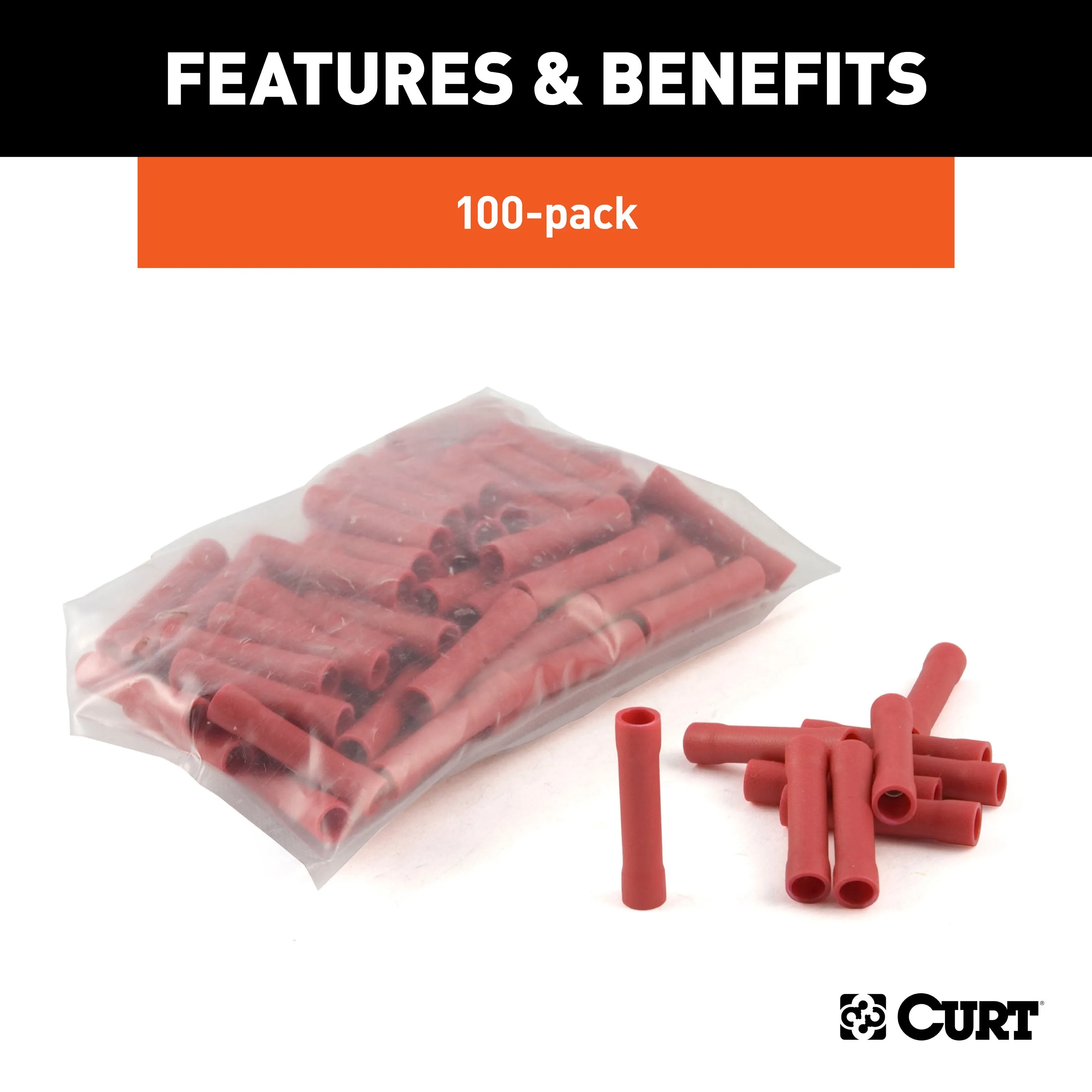 CURT 59421 CURT 59421 22-18 Gauge Red Vinyl-Insulated Wire Butt Connectors; 100-Pack