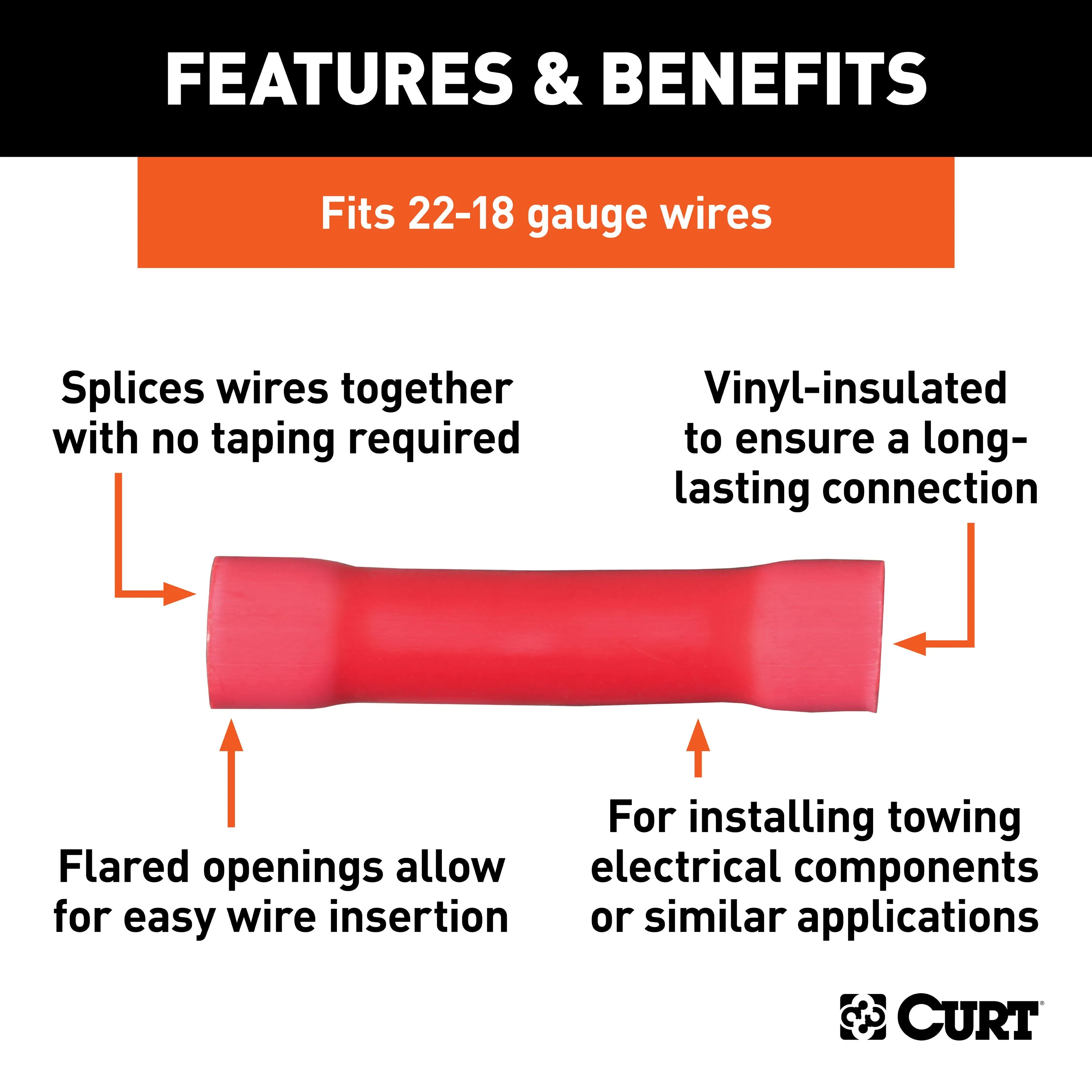 CURT 59421 CURT 59421 22-18 Gauge Red Vinyl-Insulated Wire Butt Connectors; 100-Pack