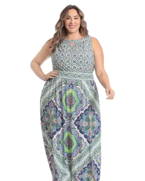 Diamond tile keyhole neck morris maxi dress | White/Blue
