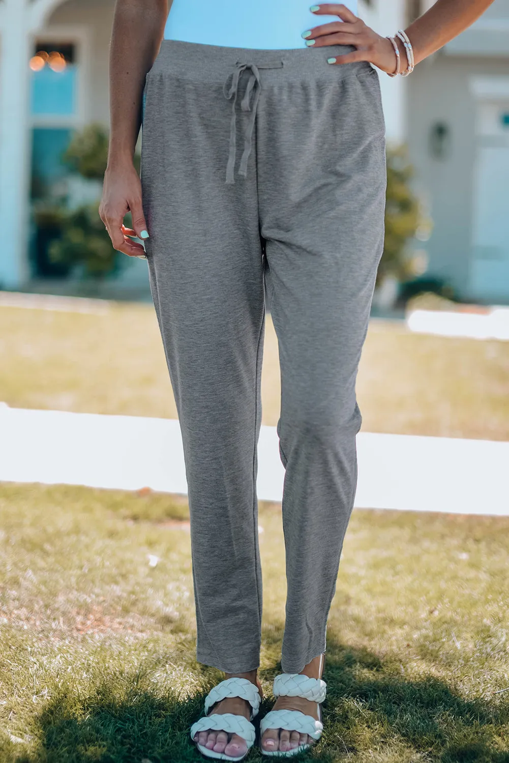 Drawstring High Waist Straight Leg Pants