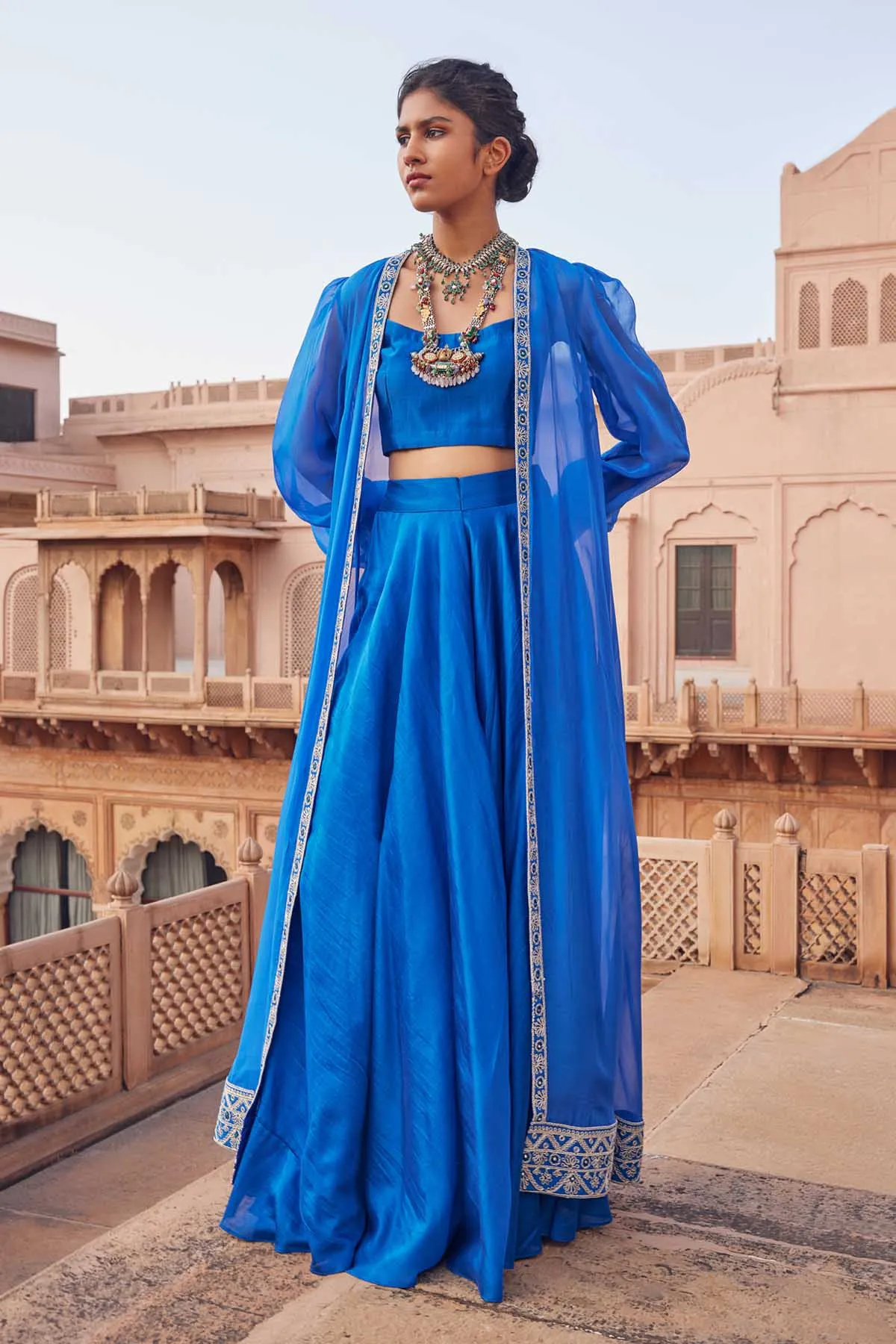 Electric Blue Chanderi Silk Cape Set