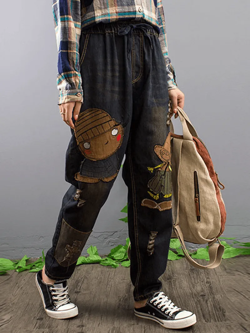 Embroidery Patchwork Elastic Waist Denim Jeans