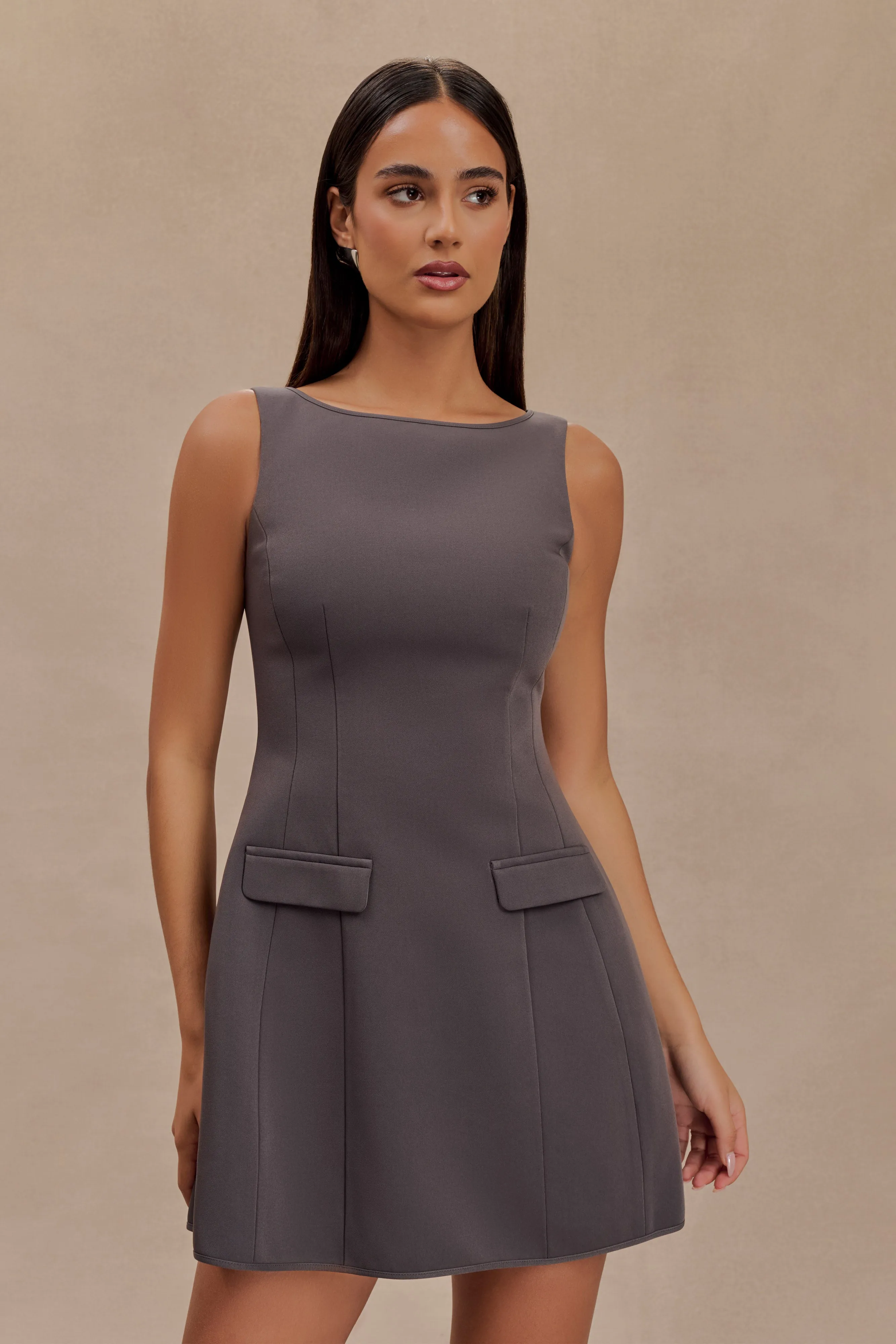 Evanna Sleeveless Suiting Mini Dress - Charcoal Grey