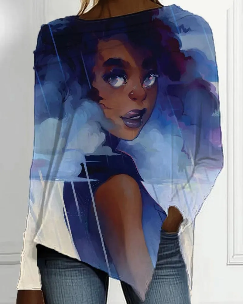 Fantasy Cartoon Black Girl Print Irregular Ladies Top