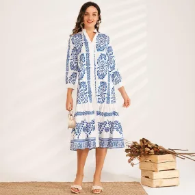 FashionSierra - New Spring Summer Women's Fashion Sweet Blue and White Porcelain Printing Mid-length V-neck Shirt Vacation All-match Dress