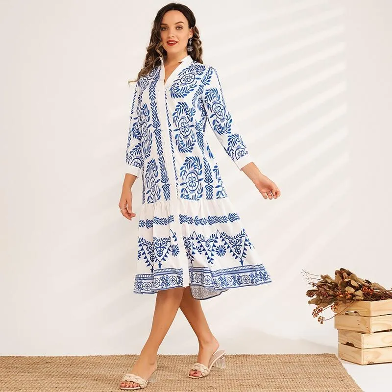 FashionSierra - New Spring Summer Women's Fashion Sweet Blue and White Porcelain Printing Mid-length V-neck Shirt Vacation All-match Dress