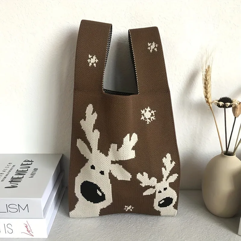 Festive Reindeer Knitting Tote Bag - Fashionable Portable Lightweight Handbag for Daily Commuting, Ideal Gift for Men and Women - Stylish, Durable, and Easy to Carry