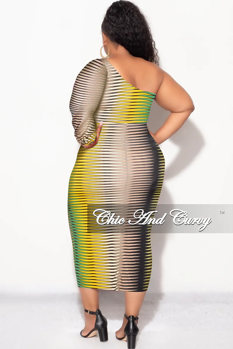 Final Sale Plus Size Long Sleeve Cut Out Midi Dress in Green Tan Mustard and Black