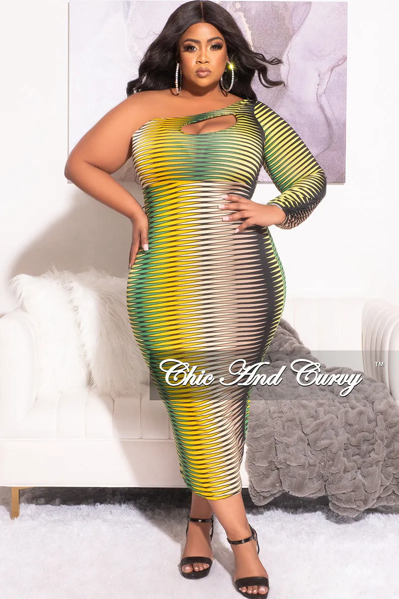Final Sale Plus Size Long Sleeve Cut Out Midi Dress in Green Tan Mustard and Black