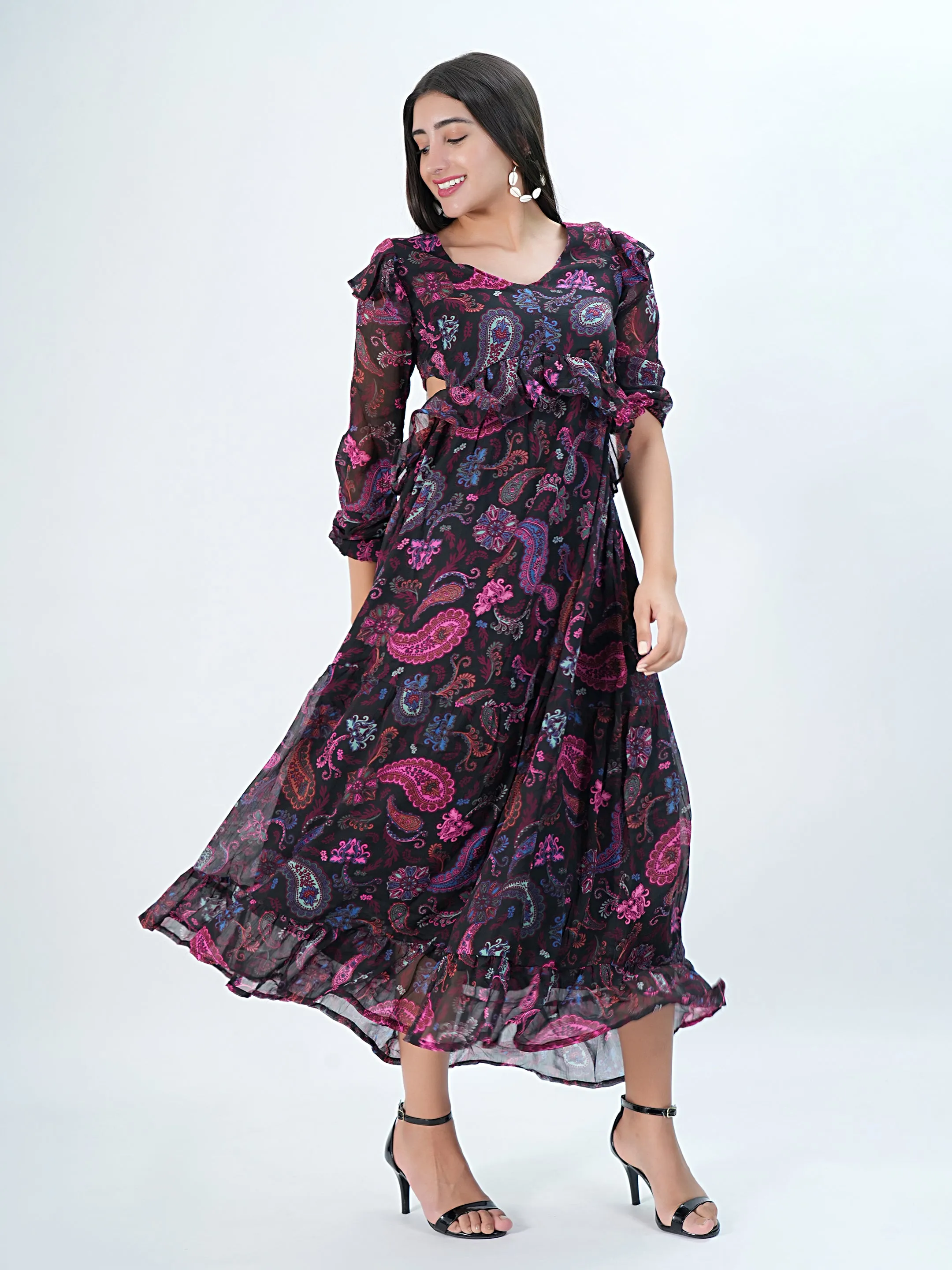 Flawless Women Multicolor Maxi Maroon Dress | RUFFLE