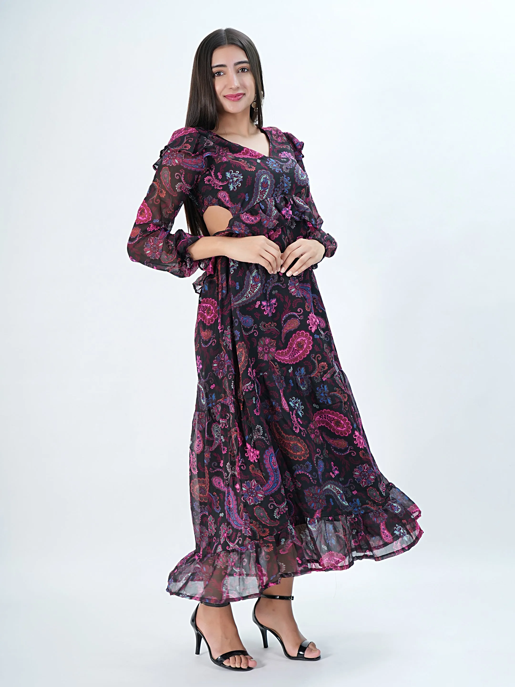 Flawless Women Multicolor Maxi Maroon Dress | RUFFLE