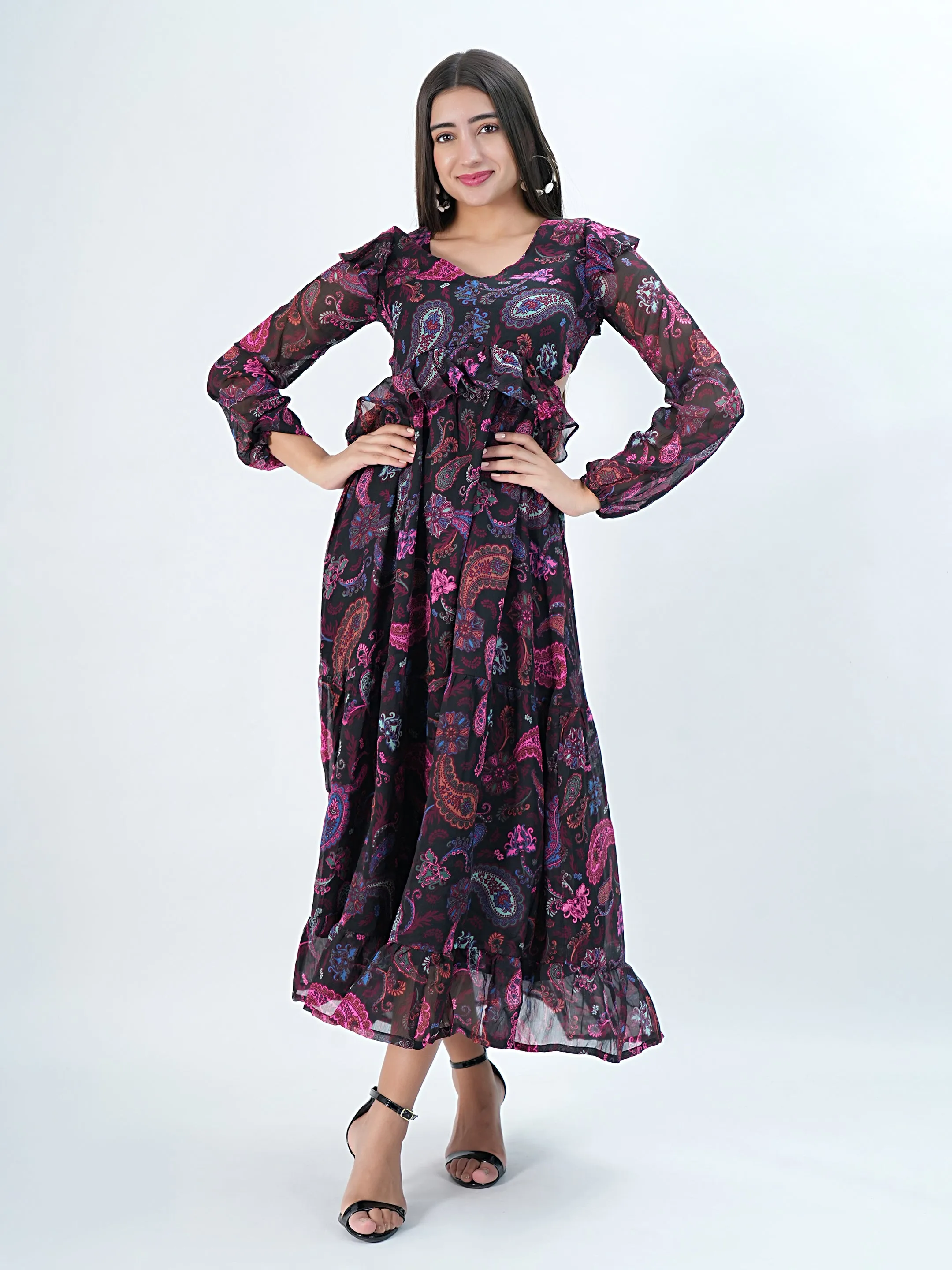 Flawless Women Multicolor Maxi Maroon Dress | RUFFLE