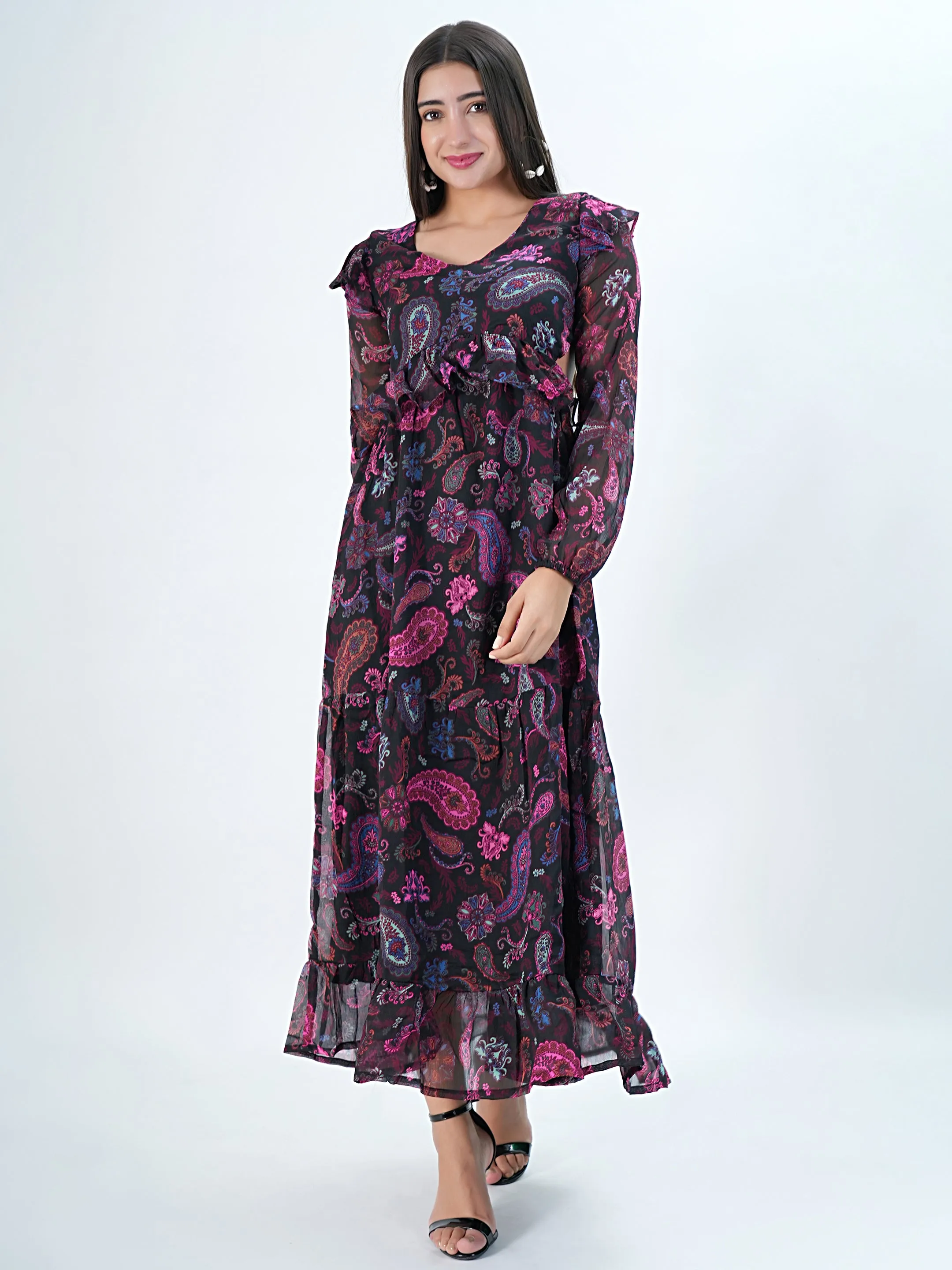 Flawless Women Multicolor Maxi Maroon Dress | RUFFLE