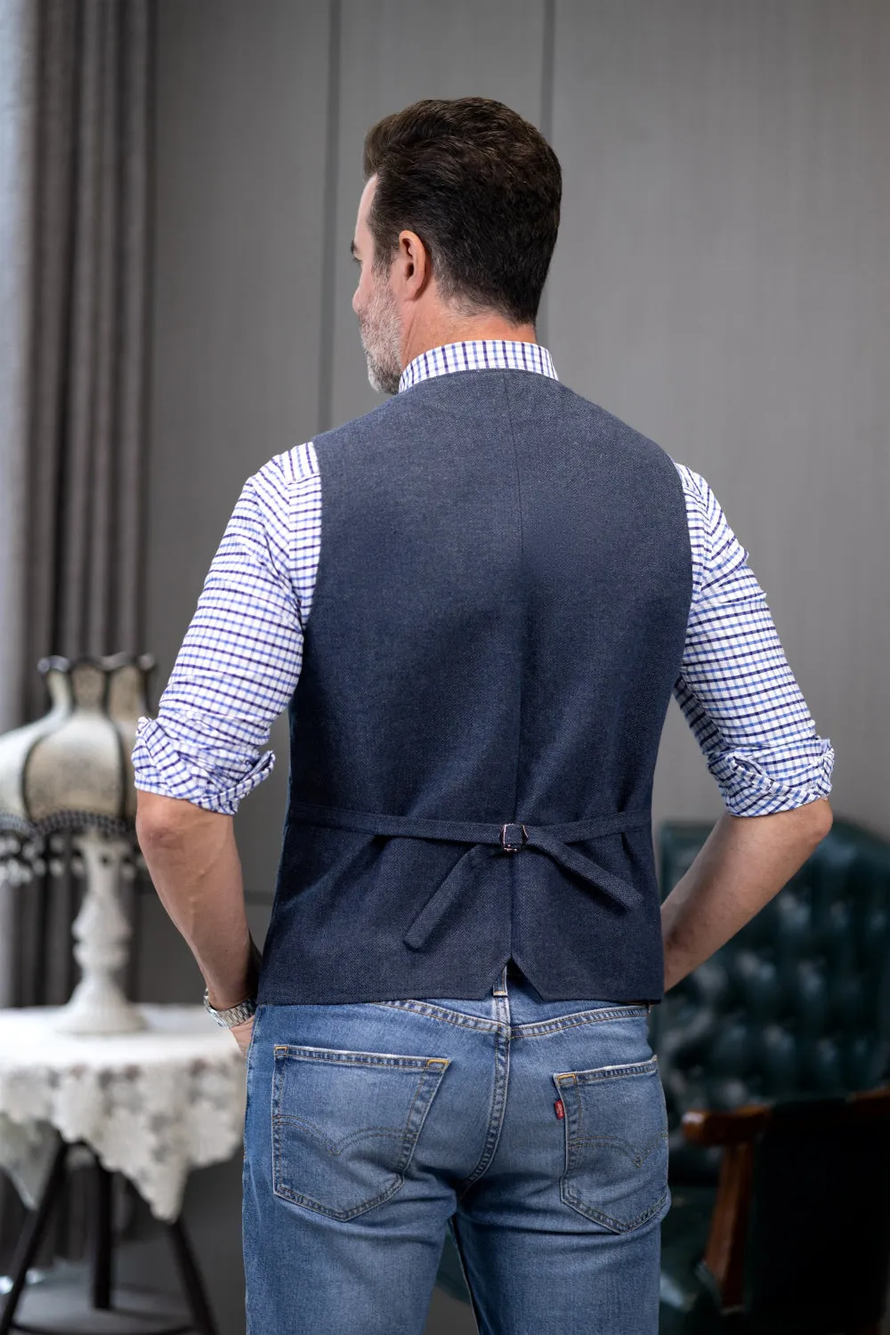Formal Men's Tweed Herringbone V Neck Waistcoat