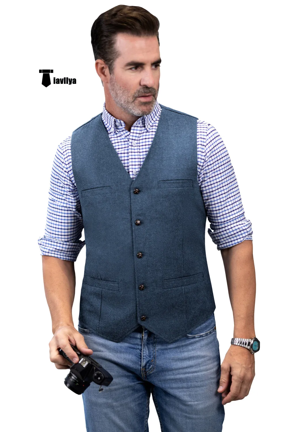 Formal Men's Tweed Herringbone V Neck Waistcoat