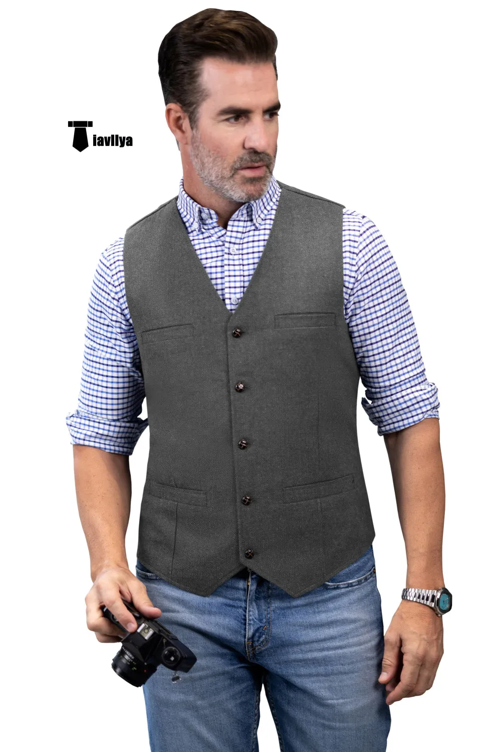 Formal Men's Tweed Herringbone V Neck Waistcoat