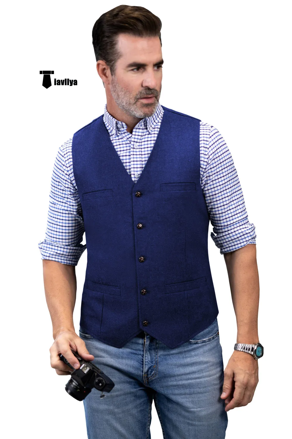 Formal Men's Tweed Herringbone V Neck Waistcoat