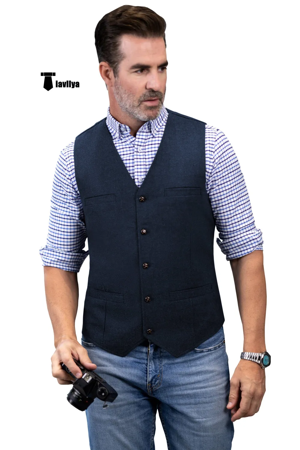 Formal Men's Tweed Herringbone V Neck Waistcoat