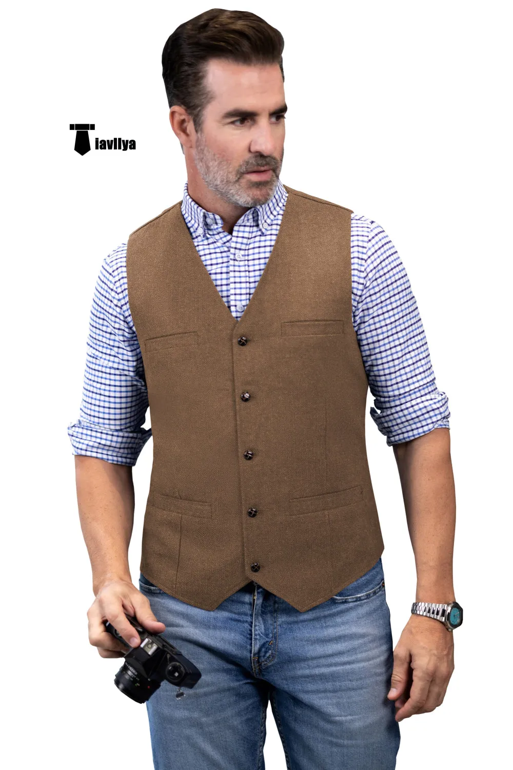 Formal Men's Tweed Herringbone V Neck Waistcoat