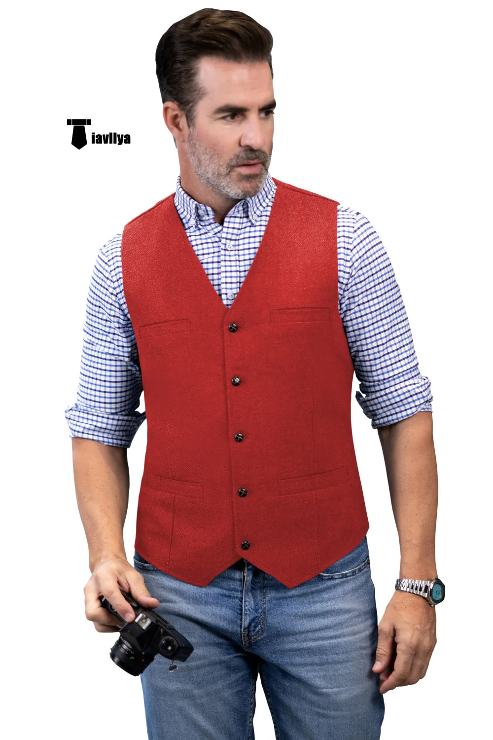 Formal Men's Tweed Herringbone V Neck Waistcoat