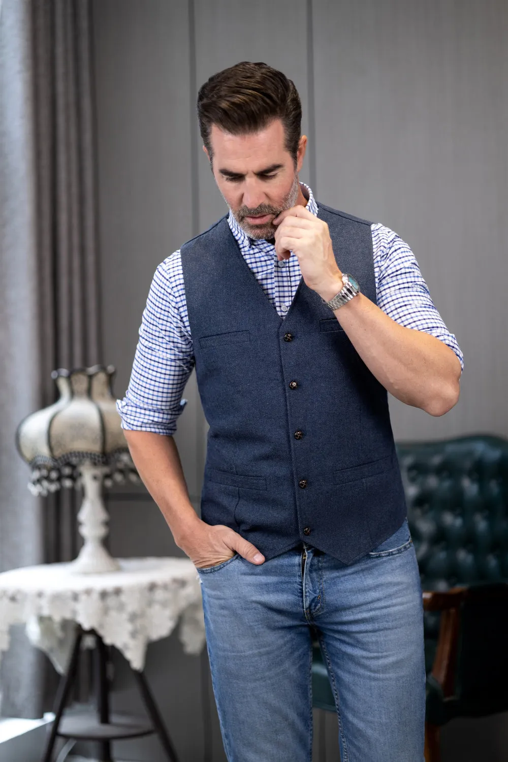 Formal Men's Tweed Herringbone V Neck Waistcoat