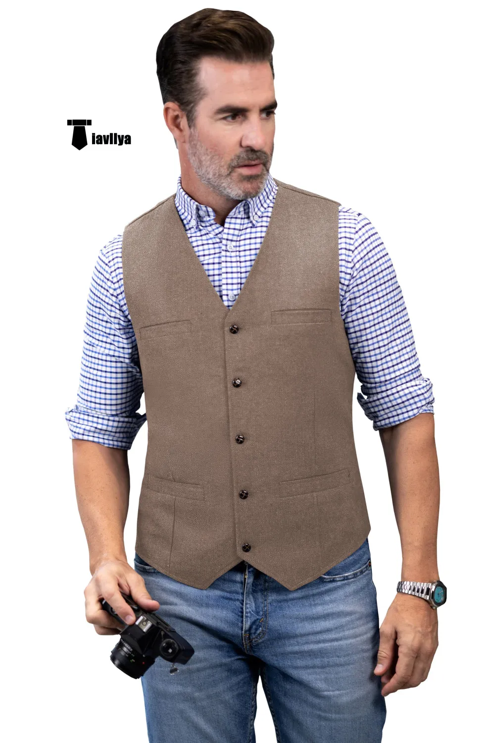 Formal Men's Tweed Herringbone V Neck Waistcoat