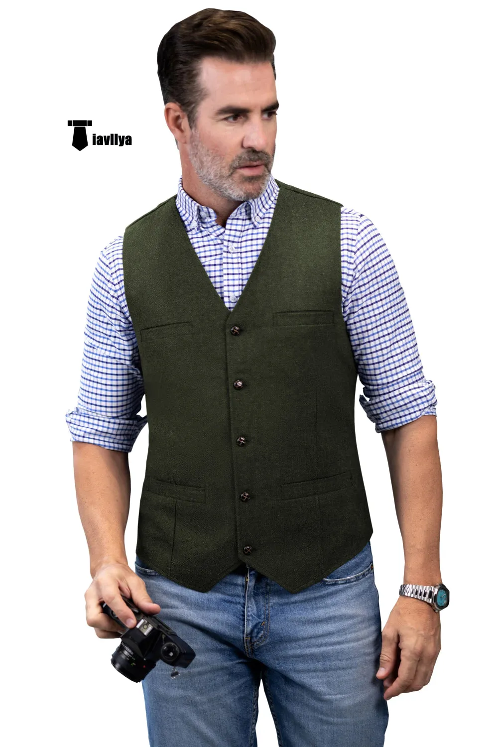 Formal Men's Tweed Herringbone V Neck Waistcoat
