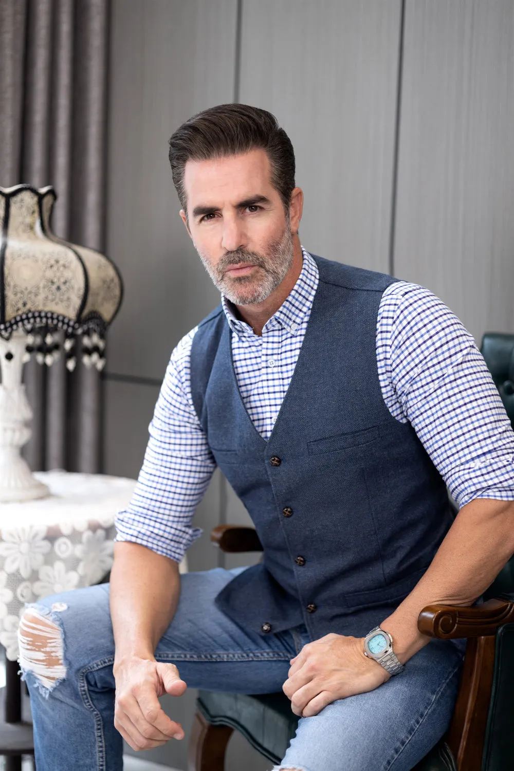 Formal Men's Tweed Herringbone V Neck Waistcoat