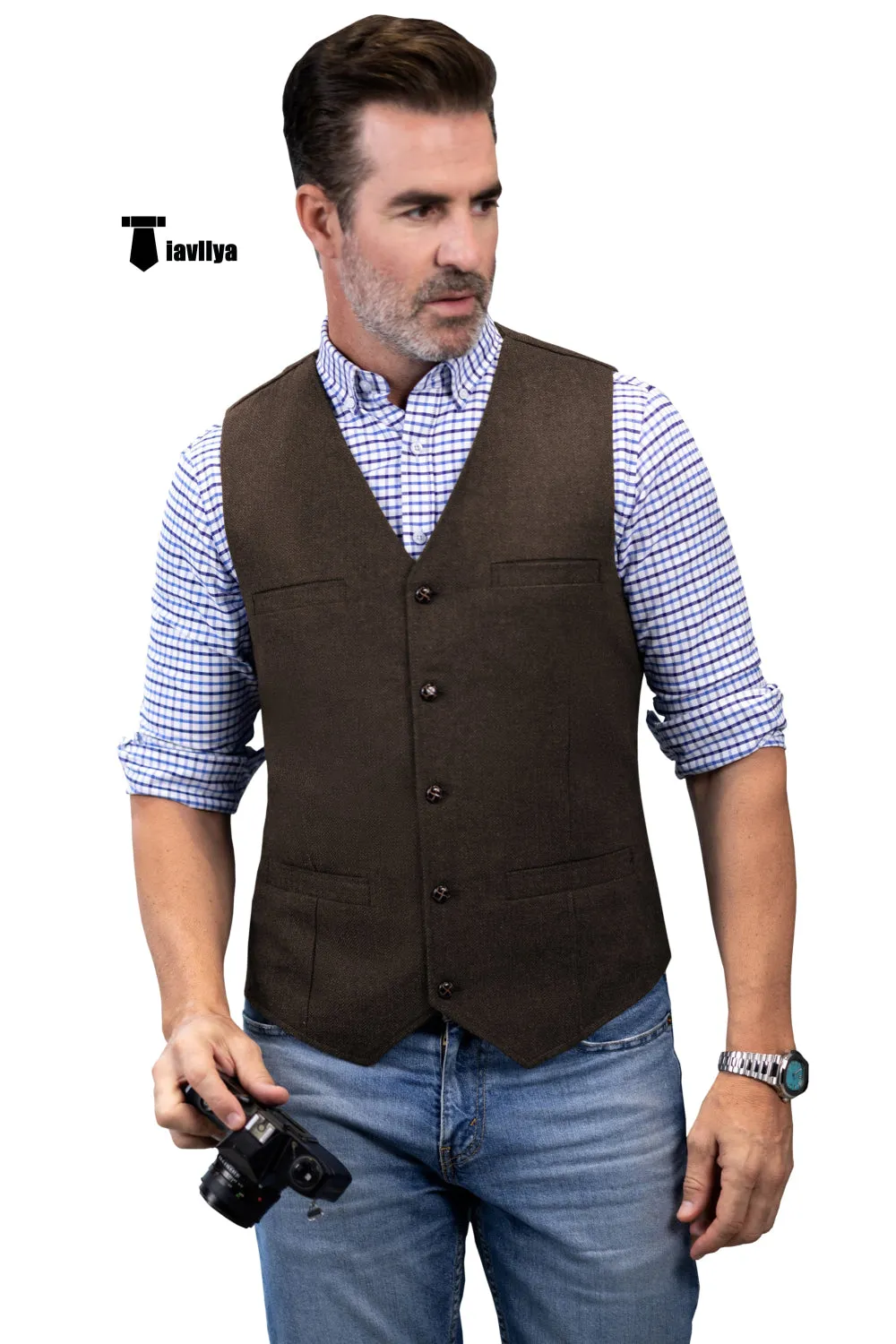 Formal Men's Tweed Herringbone V Neck Waistcoat