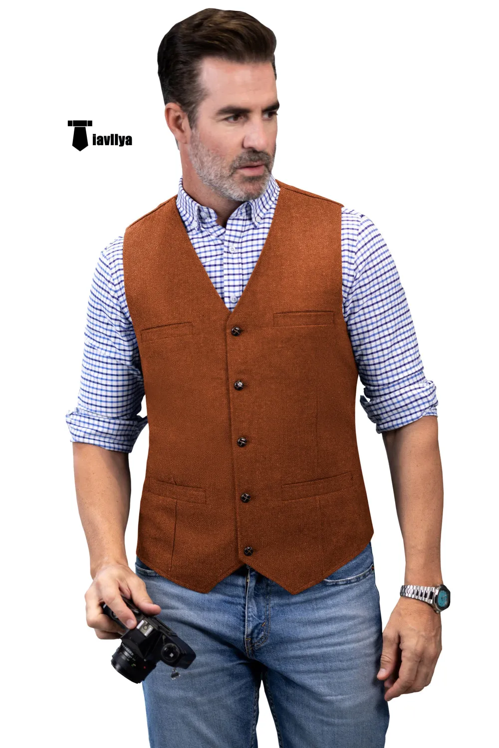 Formal Men's Tweed Herringbone V Neck Waistcoat