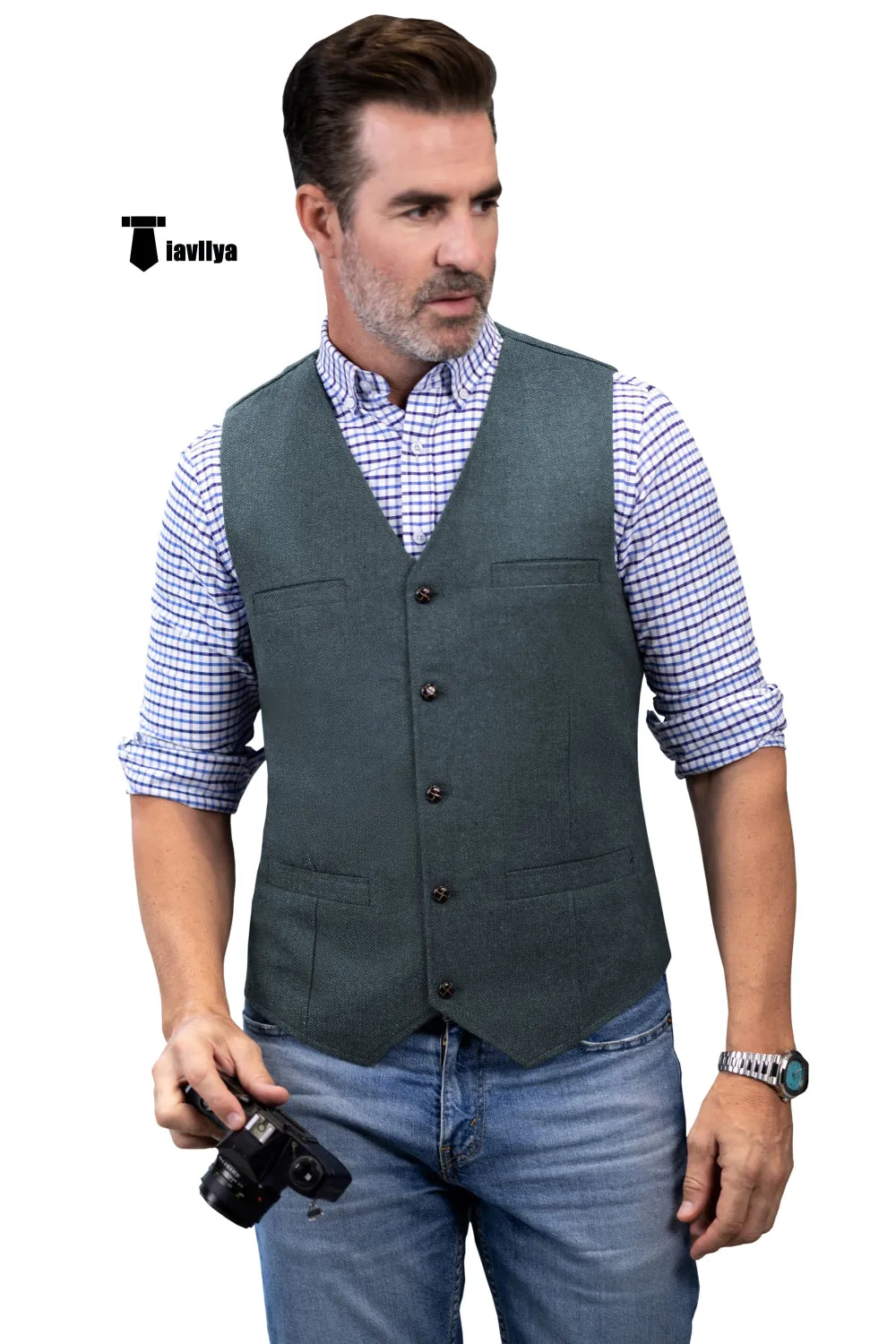 Formal Men's Tweed Herringbone V Neck Waistcoat