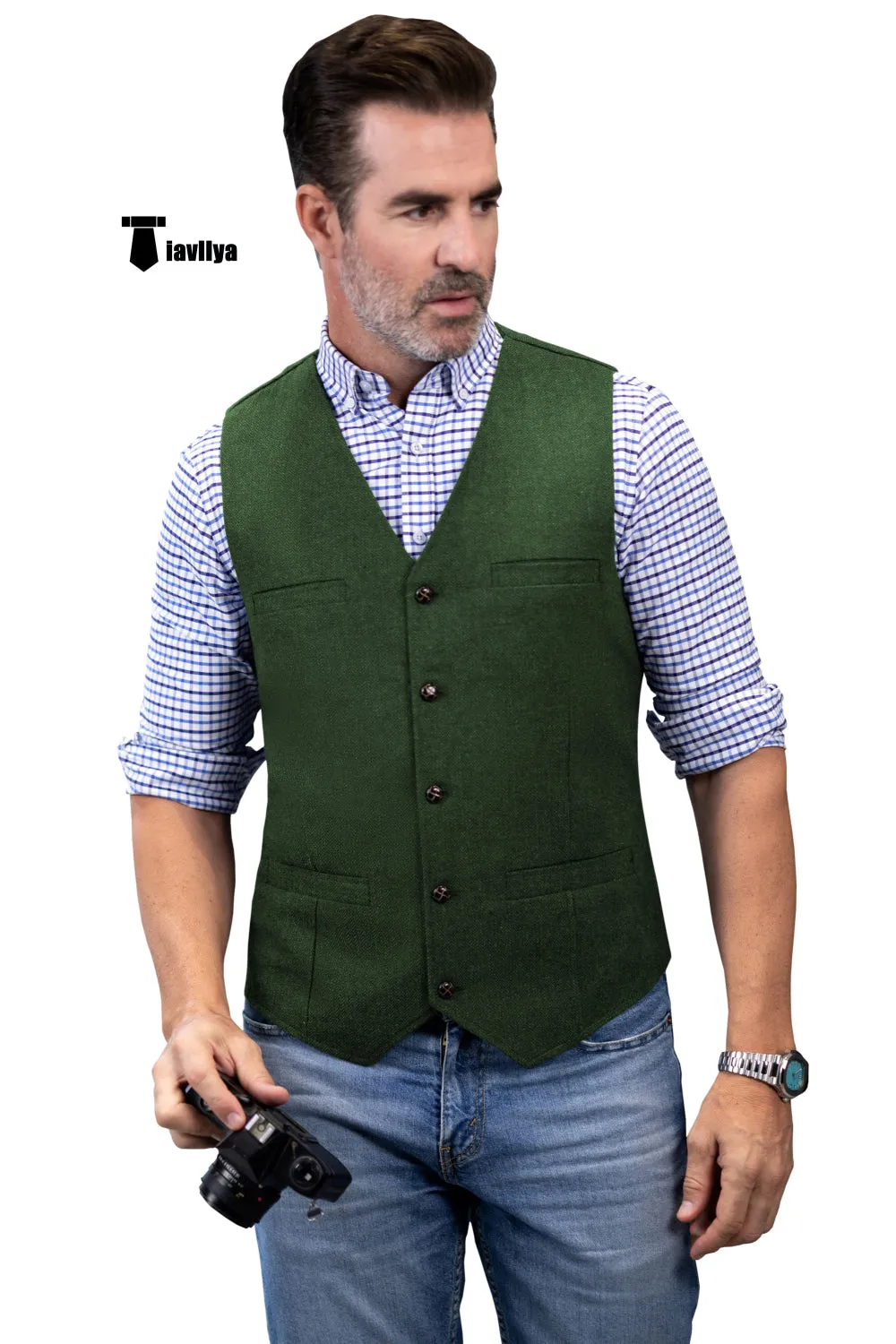 Formal Men's Tweed Herringbone V Neck Waistcoat