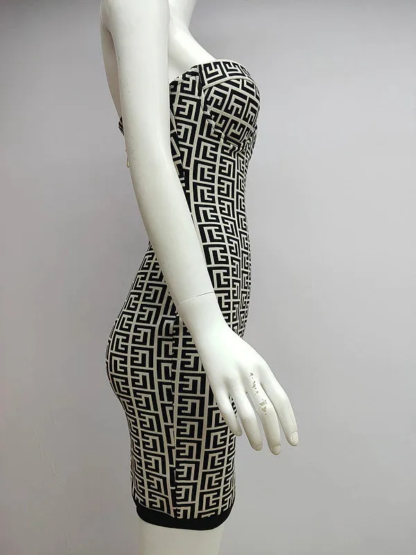Geometric Strapless Bustier Top Mini Bandage Bodycon Dress