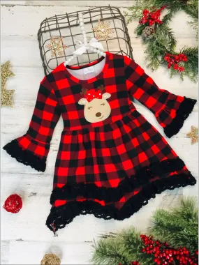 Girls Plaid Rudolph Lace Tiered Ruffled Dress