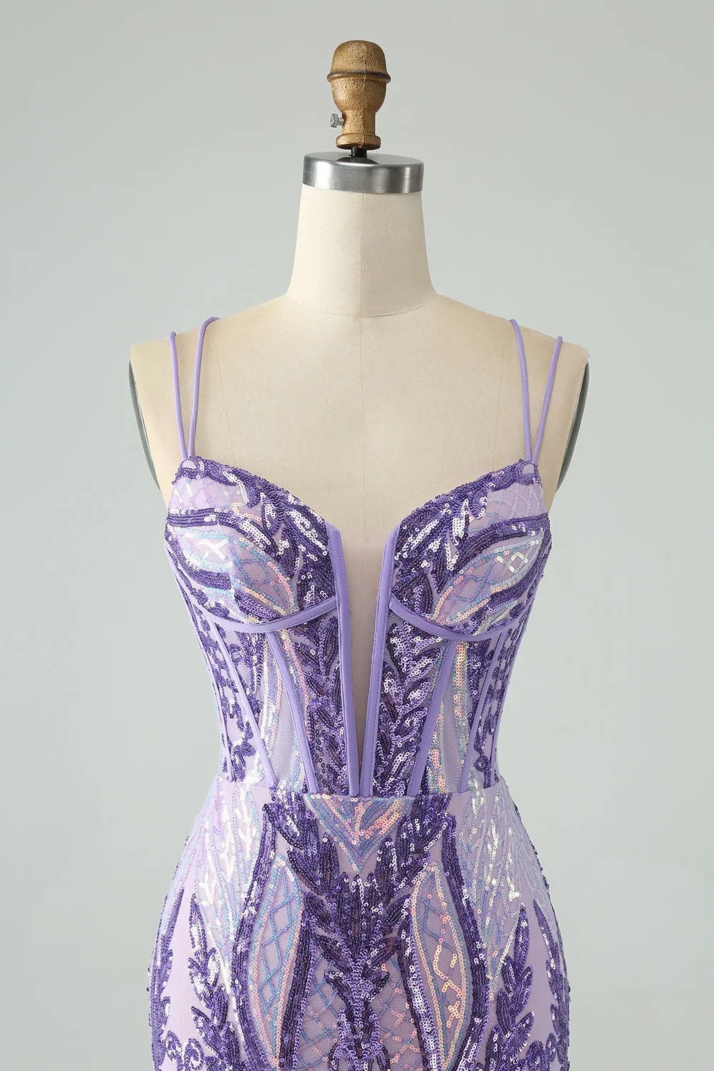 Gorgeous Dark Purple Bodycon Spaghetti Straps Corset Homecoming Dress with Sequins