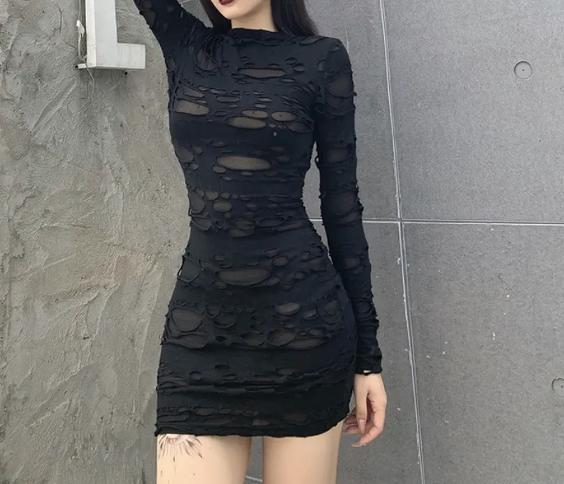 Gothic Black Mini Dress (Bodycon) - Gothic Black Mini Dress, Street Style Rock Punk Cutout Vintage High Waist Long Sleeve Skinny Party Dress