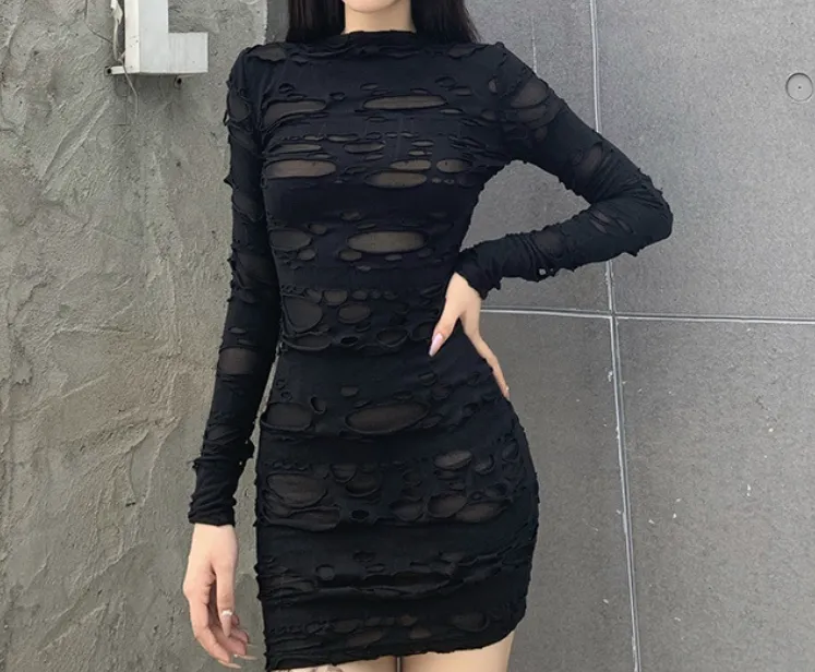 Gothic Black Mini Dress (Bodycon) - Gothic Black Mini Dress, Street Style Rock Punk Cutout Vintage High Waist Long Sleeve Skinny Party Dress
