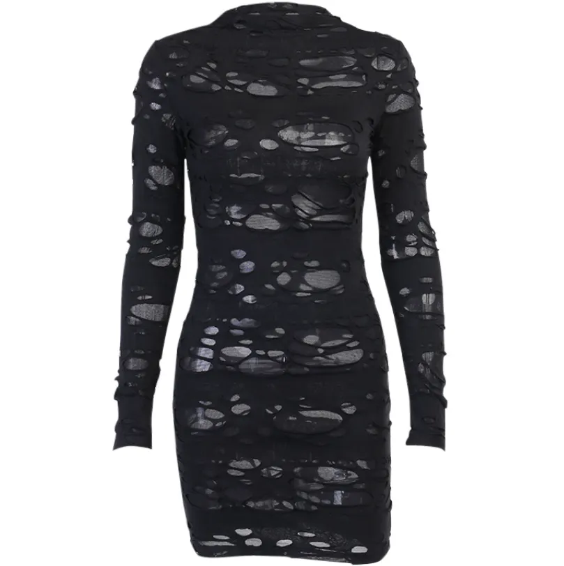 Gothic Black Mini Dress (Bodycon) - Gothic Black Mini Dress, Street Style Rock Punk Cutout Vintage High Waist Long Sleeve Skinny Party Dress