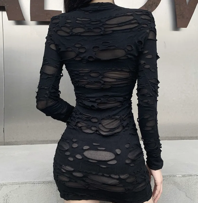 Gothic Black Mini Dress (Bodycon) - Gothic Black Mini Dress, Street Style Rock Punk Cutout Vintage High Waist Long Sleeve Skinny Party Dress