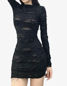 Gothic Black Mini Dress (Bodycon) - Gothic Black Mini Dress, Street Style Rock Punk Cutout Vintage High Waist Long Sleeve Skinny Party Dress