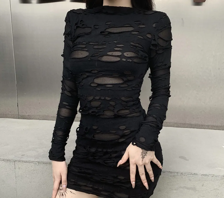 Gothic Black Mini Dress (Bodycon) - Gothic Black Mini Dress, Street Style Rock Punk Cutout Vintage High Waist Long Sleeve Skinny Party Dress