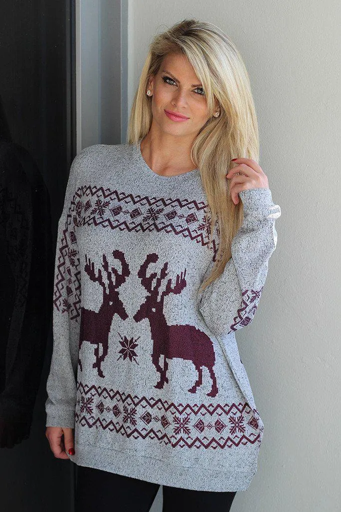 Gray And Burgundy Reindeer Top