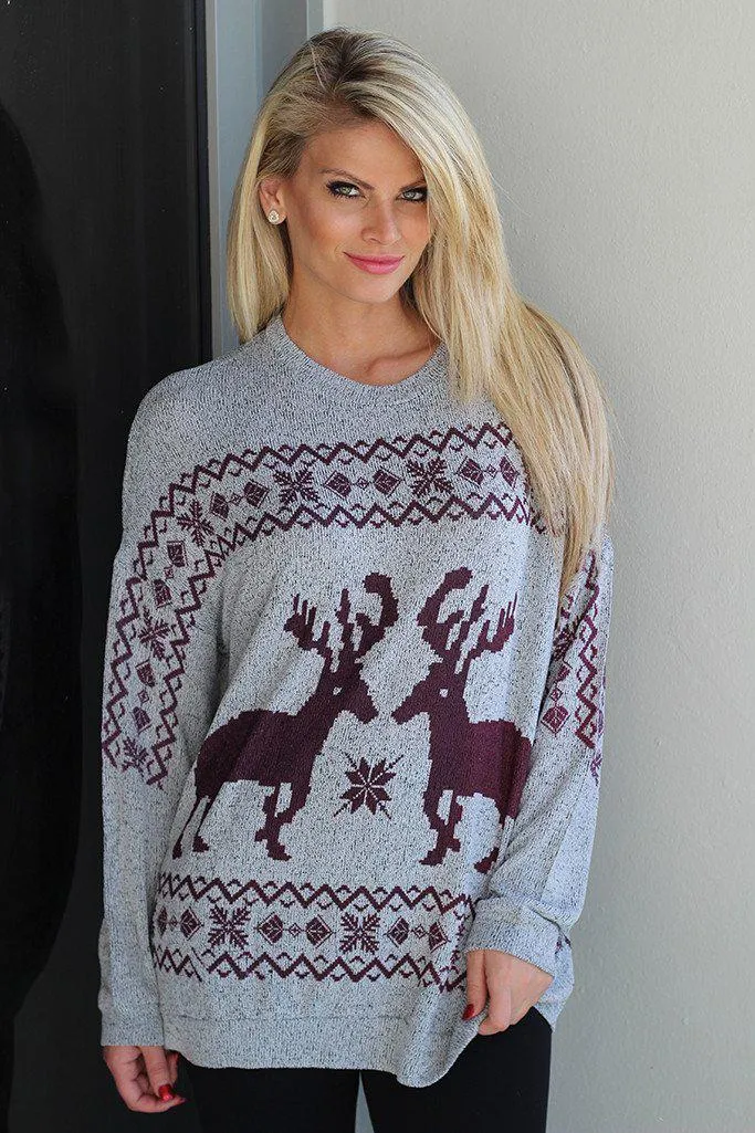 Gray And Burgundy Reindeer Top