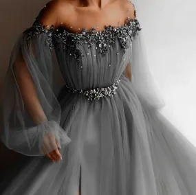 Gray Evening Dress, Off The Shoulder Prom Vintage Dress     fg2958