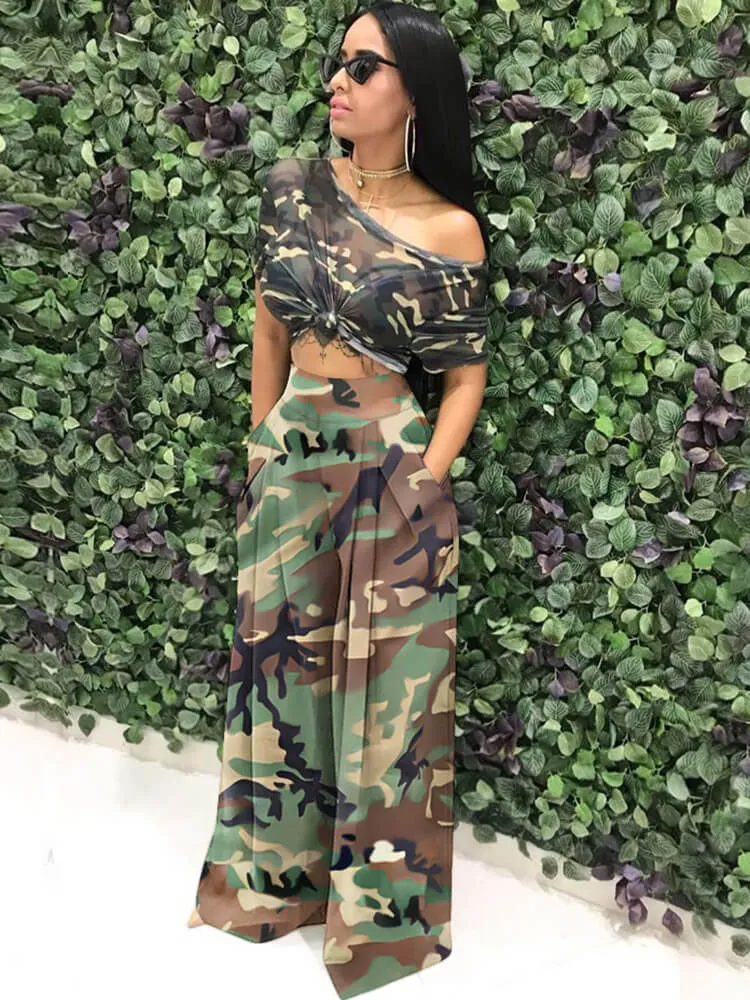 High Waist Camo Printed Wide Leg Long Pants