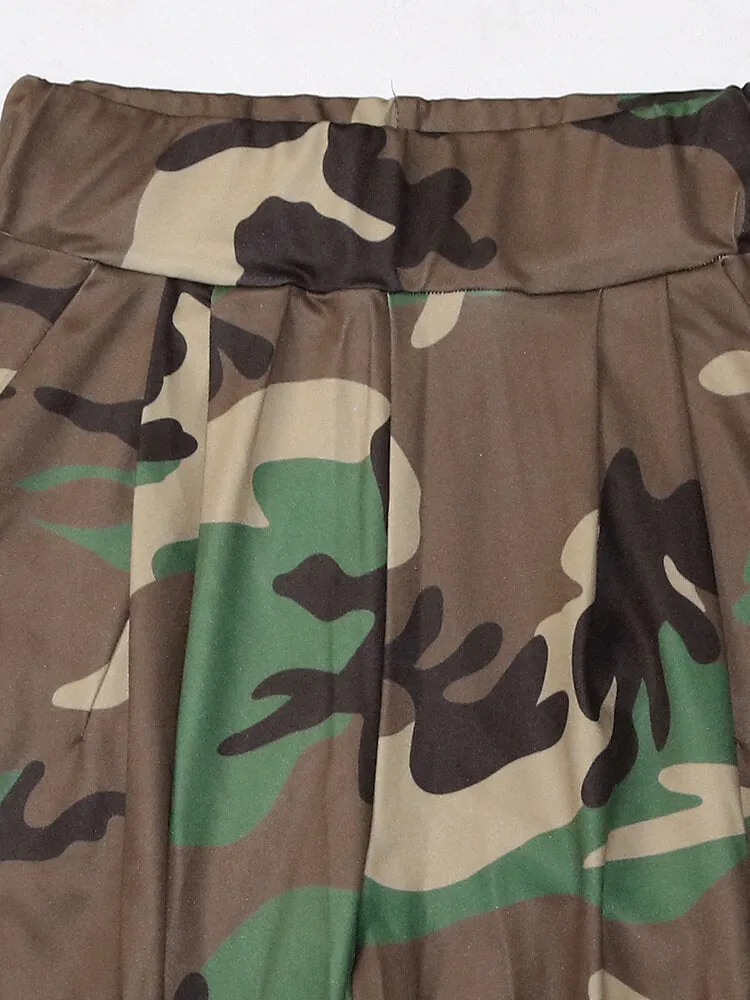 High Waist Camo Printed Wide Leg Long Pants