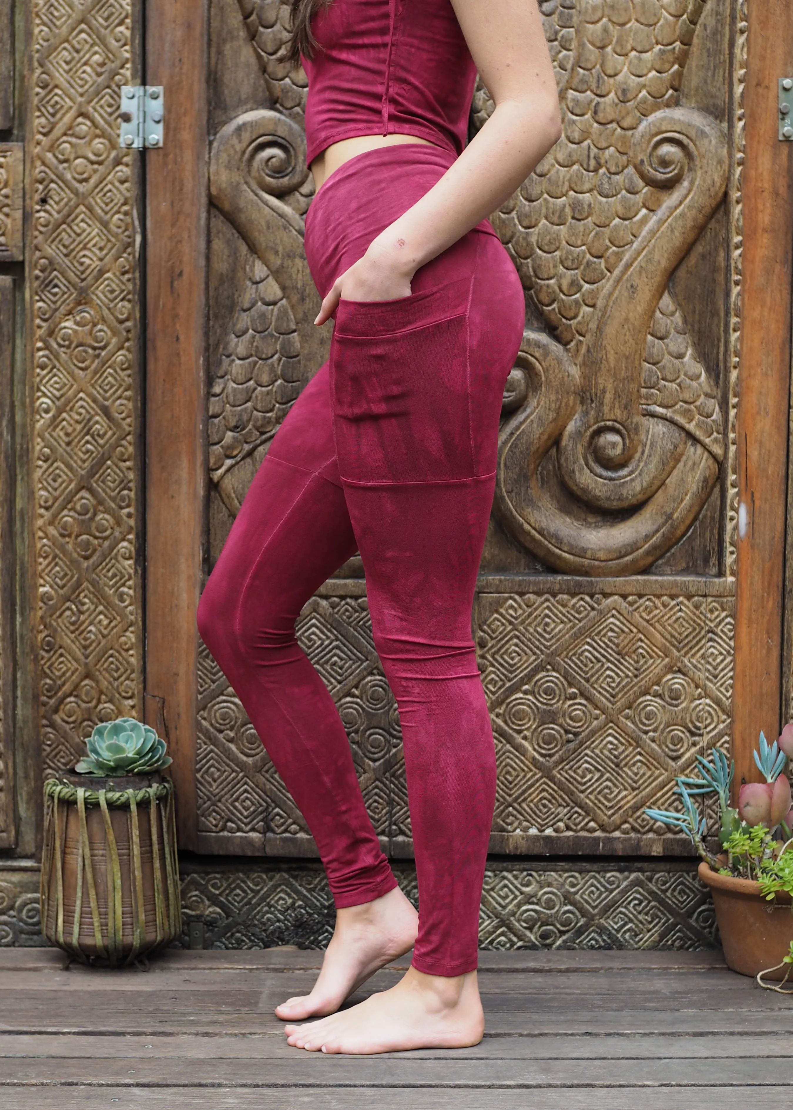 High Waist Pocket Yoga Tights - Warm Plum